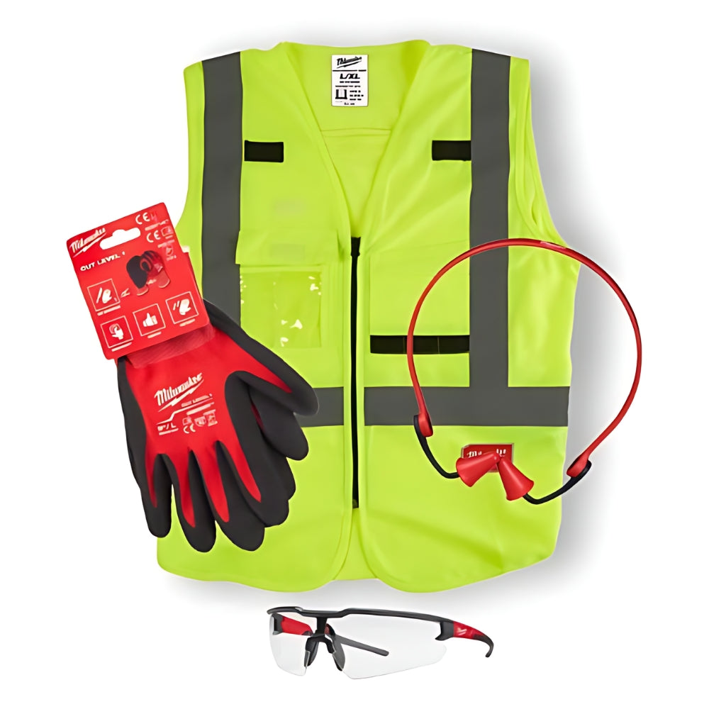 Safety Kit 2.0 Milwaukee Consisting of High Visibility Vest, CAT.1/A Cut-Resistant Gloves, Safety Glasses, Headband with Noise-Cancelling Earplugs 