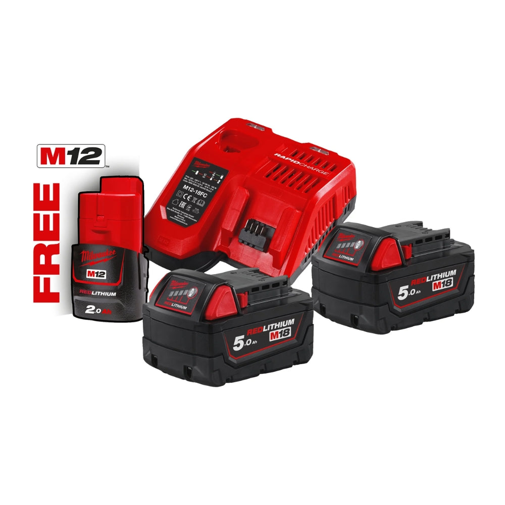 Energy Kit M18 NRG-502 2 X Batteria 5.0 AH (18V) + 1 X Batteria  2 AH (12V) Extra + 1 X Caricabatterie Rapido M12-18 FC