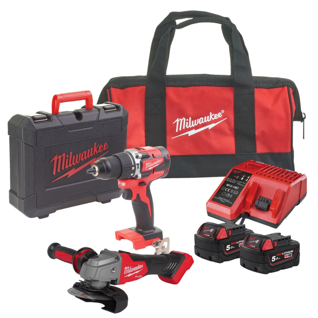 KIT 18V Drill M18 CBLPD + Grinder FSAG115X + 2X 5.0AH Batteries - M18 CBLPP2E2-502C Milwaukee