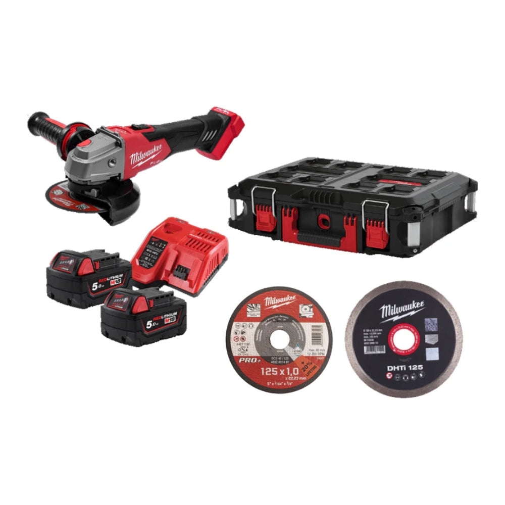 Kit Smerigliatrice Angolare M18 Fuel FSAG125 125mm Con 2 Batterie, Valigetta E 95 Accessori M18 FSAG125XB100P-502P Milwaukee