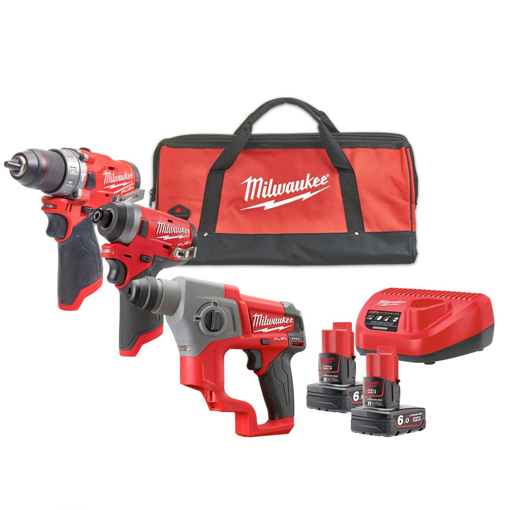 Kit Milwaukee M12 FPP3C-601 12V Trapano A Percussione FPD2 + Avvitatore impulsi FID2 + Tassellatore CH