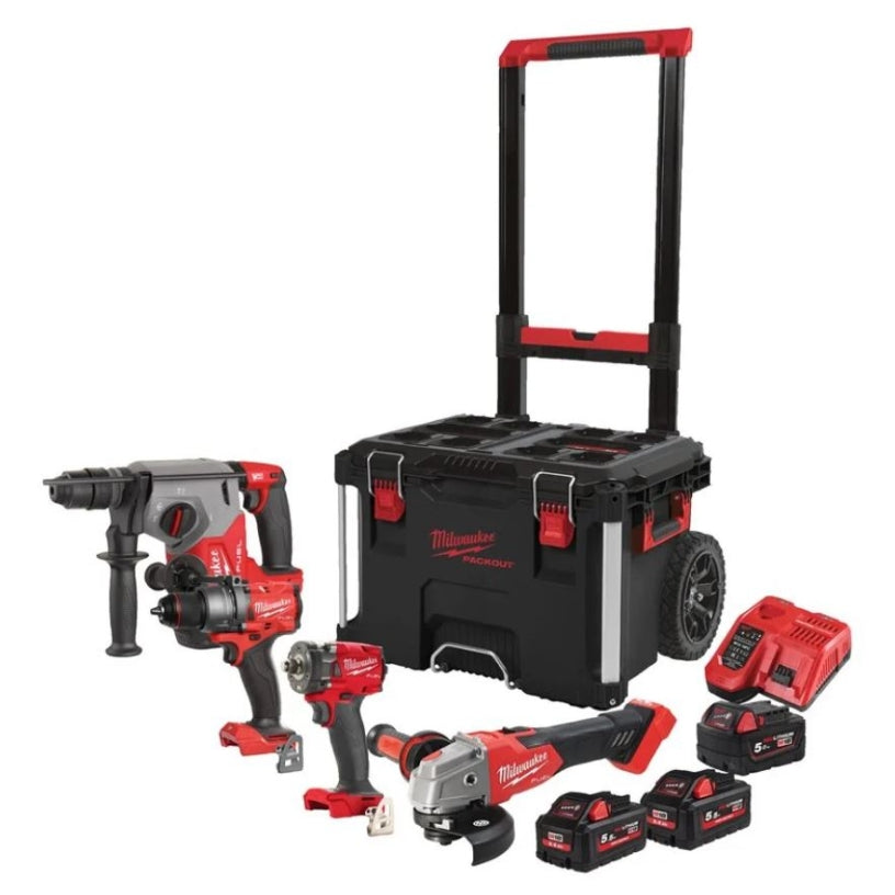 KIT 18V Fuel Consisting of: Hammer Drill + Impact Wrench + Rotary Hammer + Grinder In Packout Trolley - M18 FPP4C-555T Milwaukee