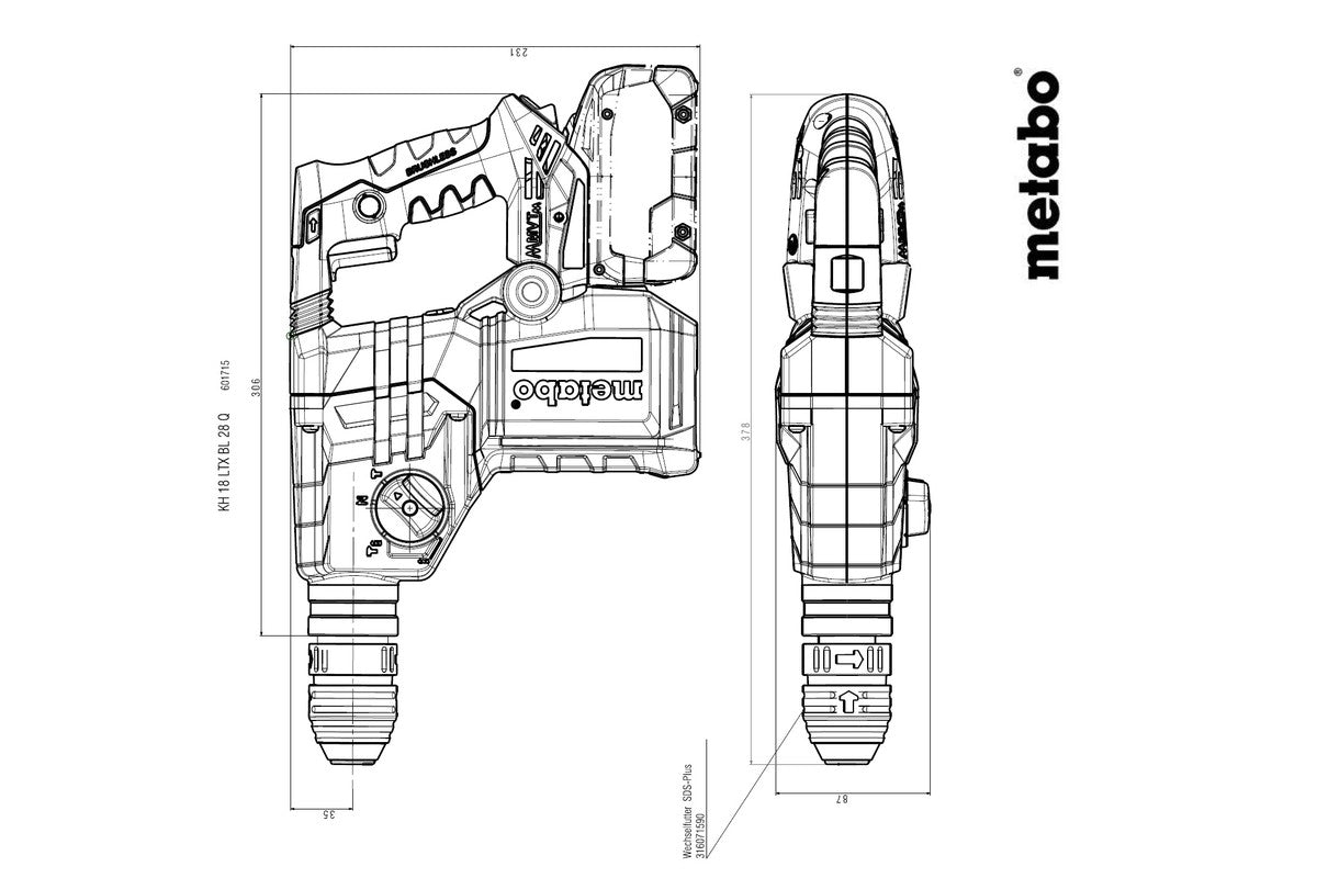 Martello Combinato KH 18 LTX BL 28 Q + Mandrino Autoserrante + 2 Scalpelli E 3 Punte Metabo 601715920