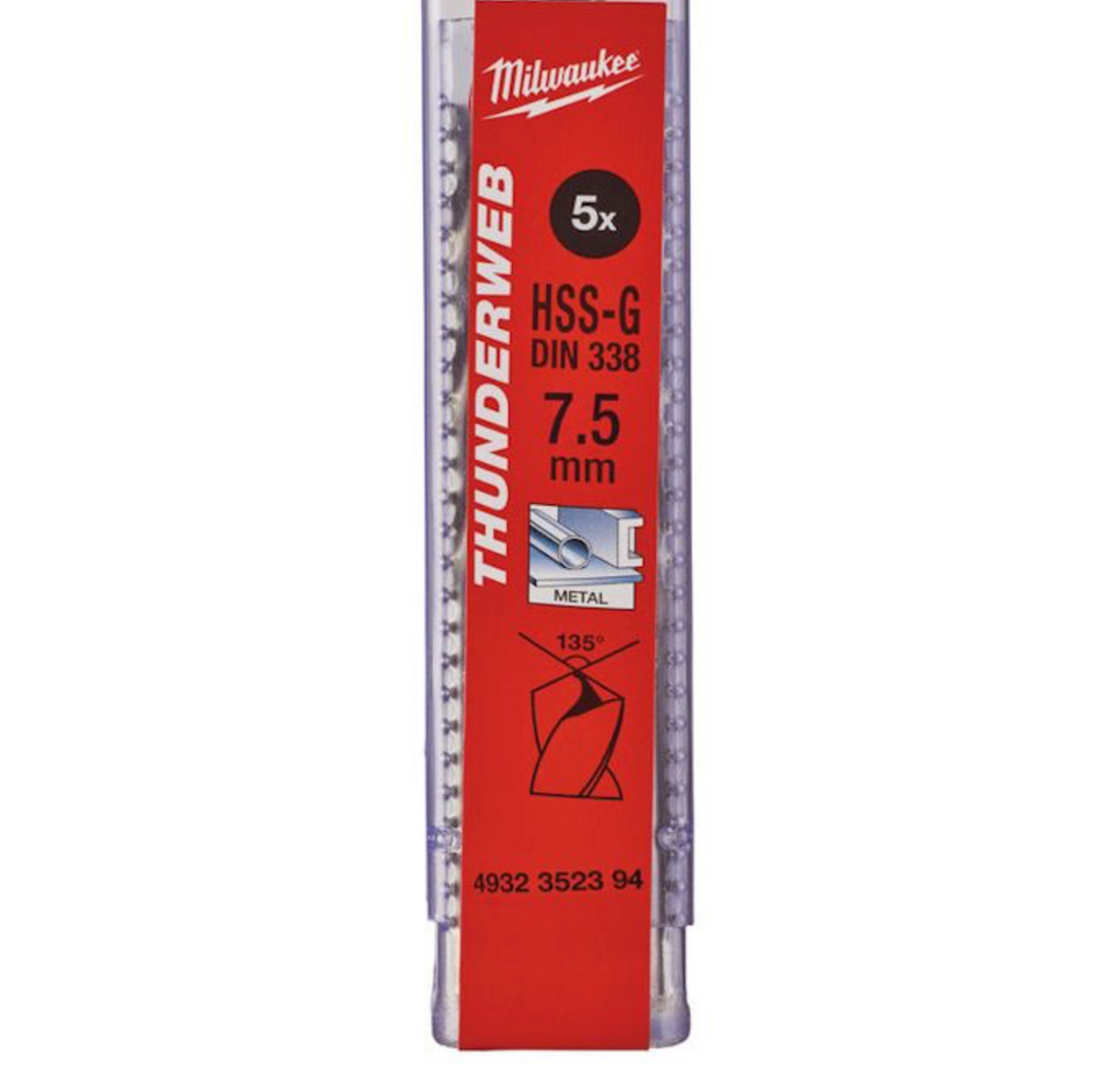 HSS-G Metal Tip - DIN 338 THUNDERWEB 7.5X109MM 5 PIECES Milwaukee 4932352394 