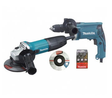 Makita DK0049X1 Power Tool Set Consisting of 710W HP1631 Hammer Drill + 720W 115mm GA4530R Angle Grinder